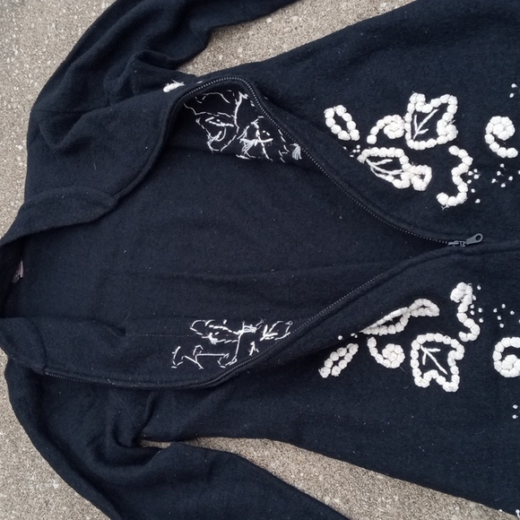 Kenar Wool Black Zip Up Cardigan with White Leaf Embroidery Womens Sweater XL - Picture 3 of 5
